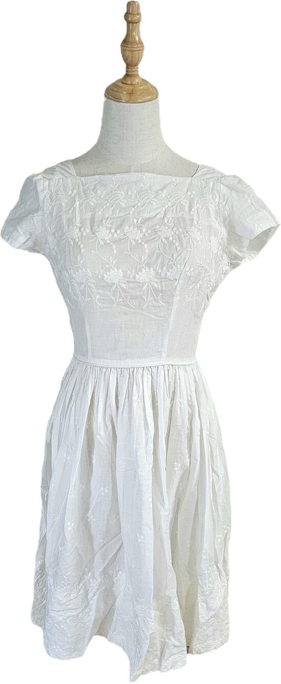 Handmade 60s White Embroidered Summer Dress Soft Sheer Cotton Metal Zipper SMALL